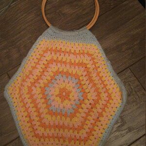 70's Crochet Hexagon Purse - handmade handbag with wood handles, lined, pastel c